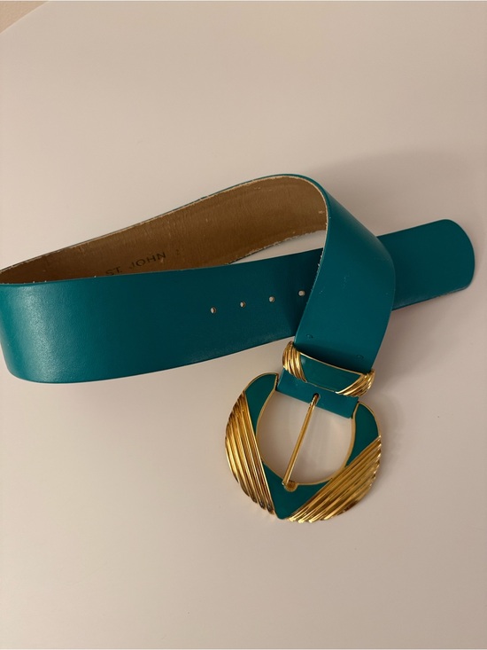 St. John Accessories - St. John blue green 2” wide Leather Belt Enamel VINTAGE Gold 9576 sz 2 80s power